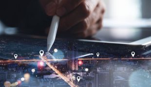 GPS map, pin address location on mobile apps, social media marketing plan, business and technology concept. Double exposure man using digital tablet searching and pinning target place on night city